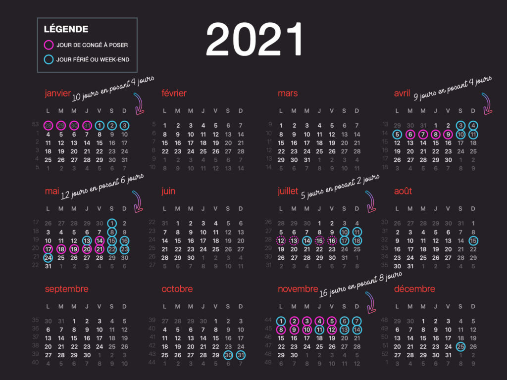 Calendrier des jours de congés à poser en 2021 pour avoir plus de vacances 