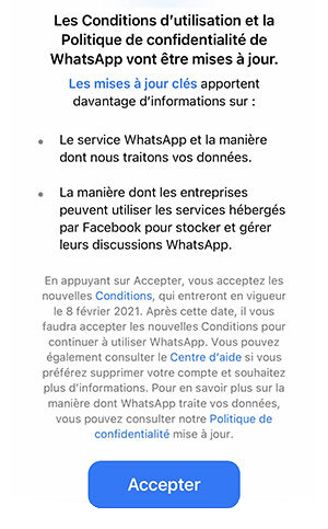 Mise à jour des Conditions d'utilisation et la Politique de confidentialité de WhatsApp